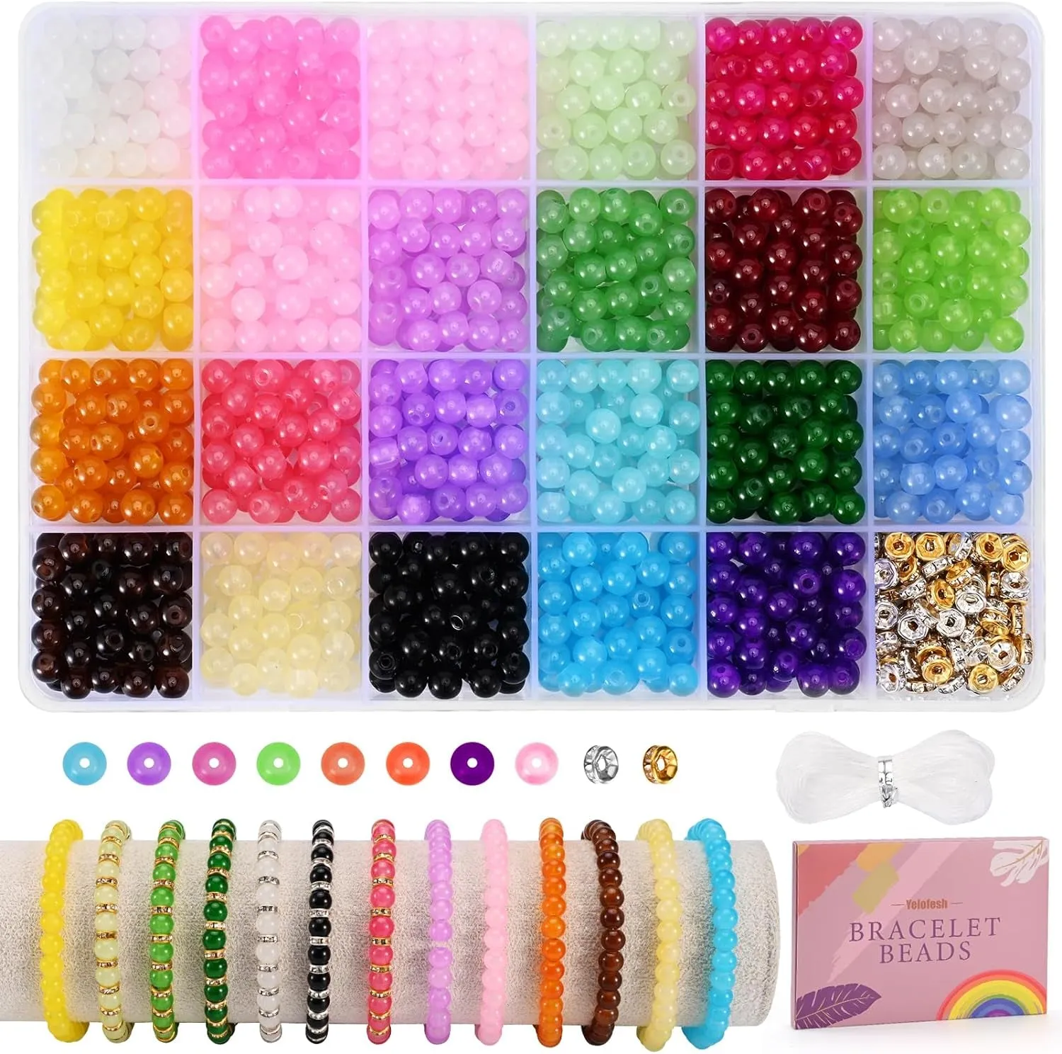 1100PCS 6Mm Glass Beads for Jewelry Making, 24 Vibrant Colors Crystal round Glass Beads for Bracelets, Complete Bracelet Making Sets for Girls DIY Crafts & Friendship Bracelets