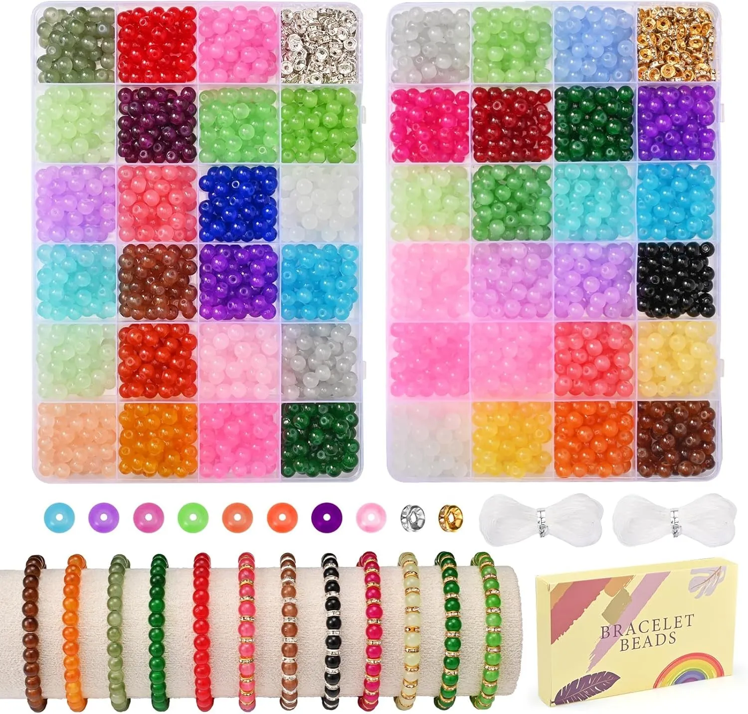 1100PCS 6Mm Glass Beads for Jewelry Making, 24 Vibrant Colors Crystal round Glass Beads for Bracelets, Complete Bracelet Making Sets for Girls DIY Crafts & Friendship Bracelets