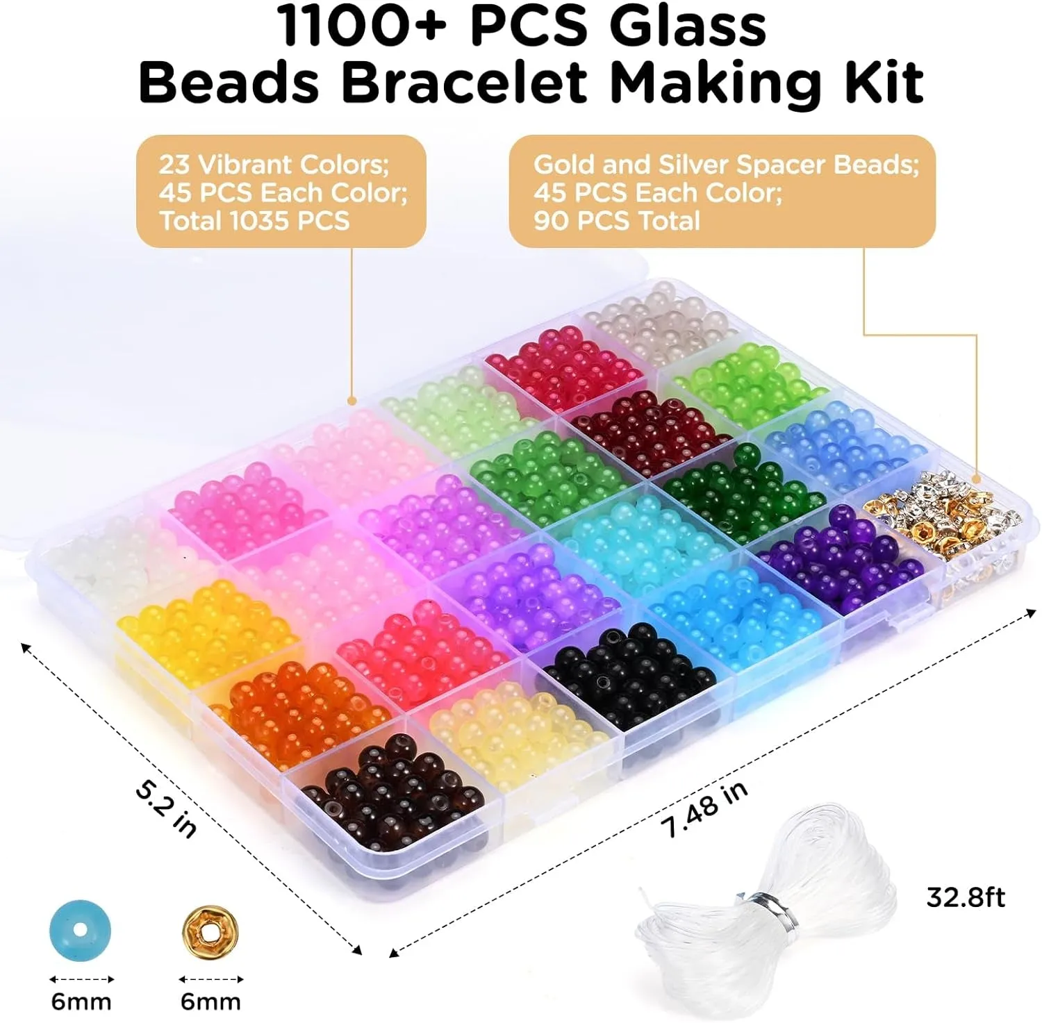 1100PCS 6Mm Glass Beads for Jewelry Making, 24 Vibrant Colors Crystal round Glass Beads for Bracelets, Complete Bracelet Making Sets for Girls DIY Crafts & Friendship Bracelets