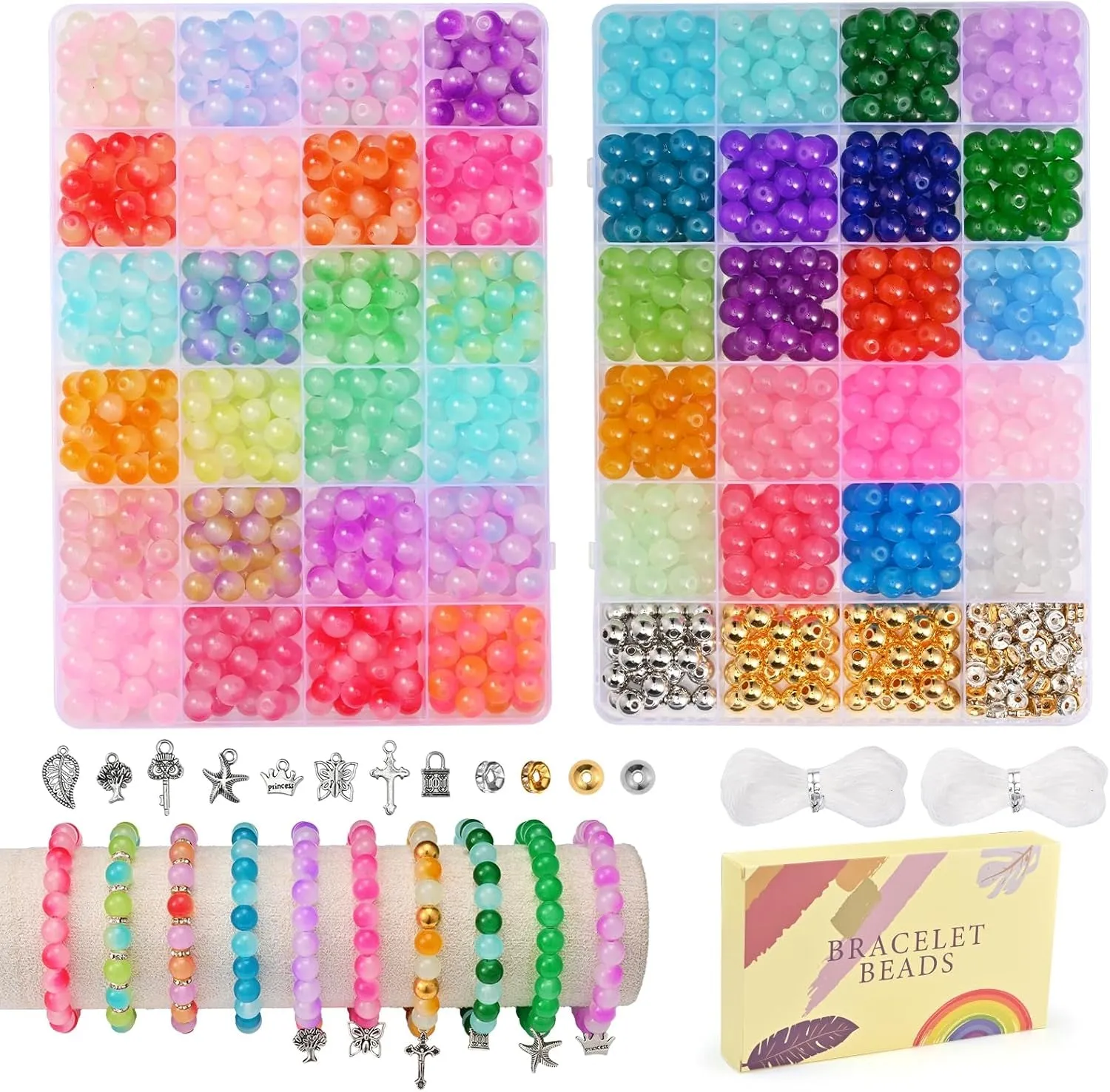 1100PCS 6Mm Glass Beads for Jewelry Making, 24 Vibrant Colors Crystal round Glass Beads for Bracelets, Complete Bracelet Making Sets for Girls DIY Crafts & Friendship Bracelets
