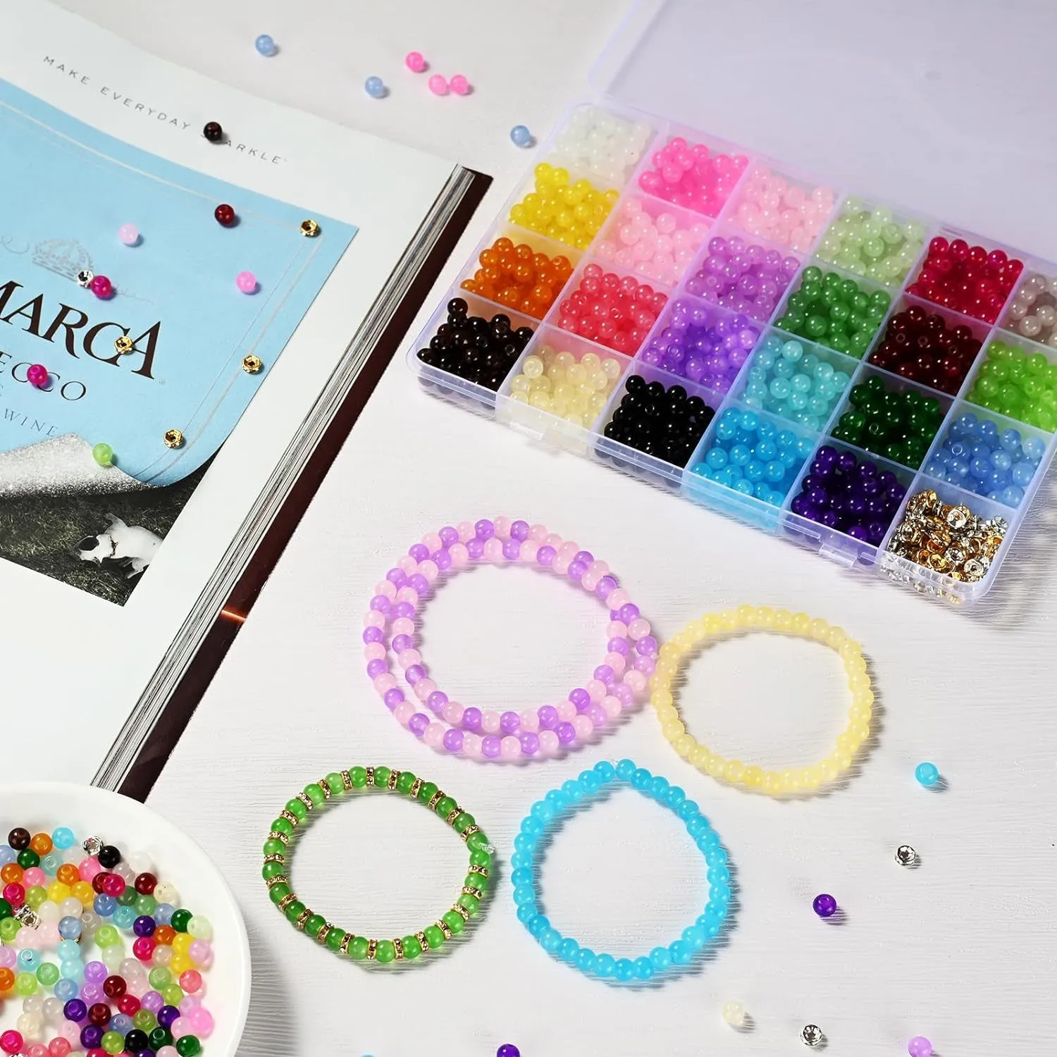 1100PCS 6Mm Glass Beads for Jewelry Making, 24 Vibrant Colors Crystal round Glass Beads for Bracelets, Complete Bracelet Making Sets for Girls DIY Crafts & Friendship Bracelets