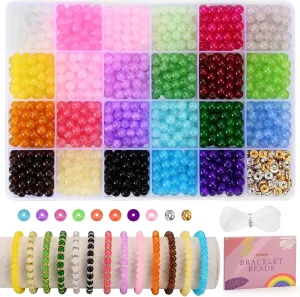 1100PCS 6Mm Glass Beads for Jewelry Making, 24 Vibrant Colors Crystal round Glass Beads for Bracelets, Complete Bracelet Making Sets for Girls DIY Crafts & Friendship Bracelets