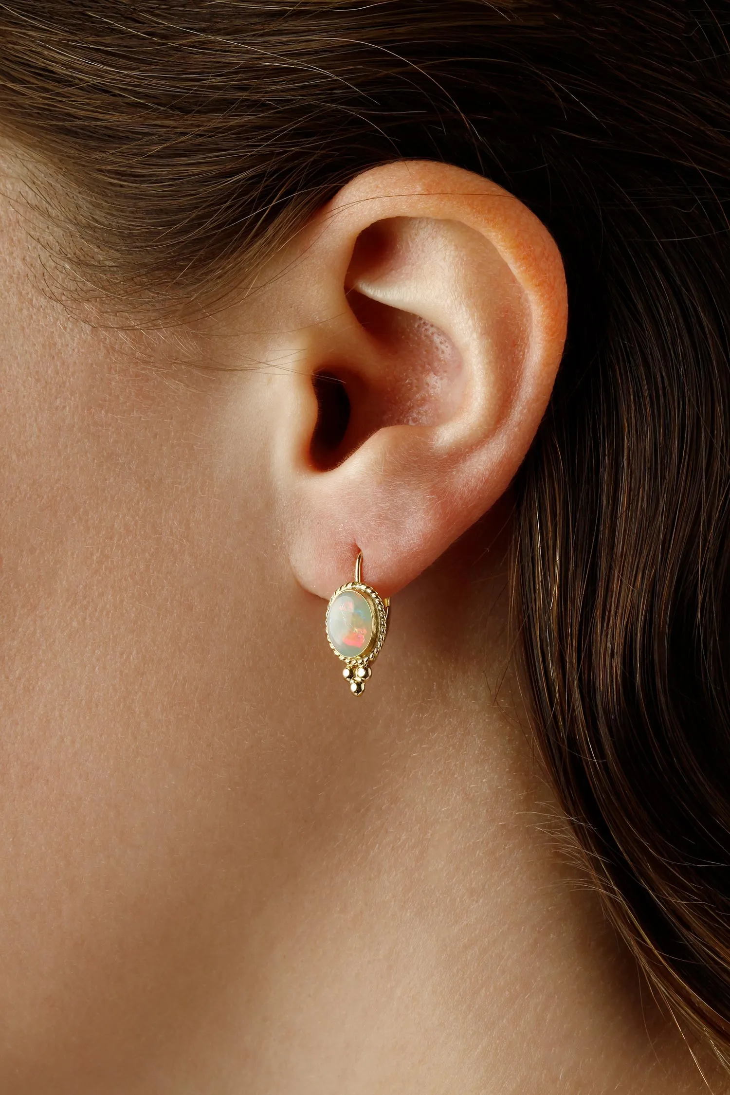 14 Karat Yellow Gold Oval Opal Lever Back Earrings