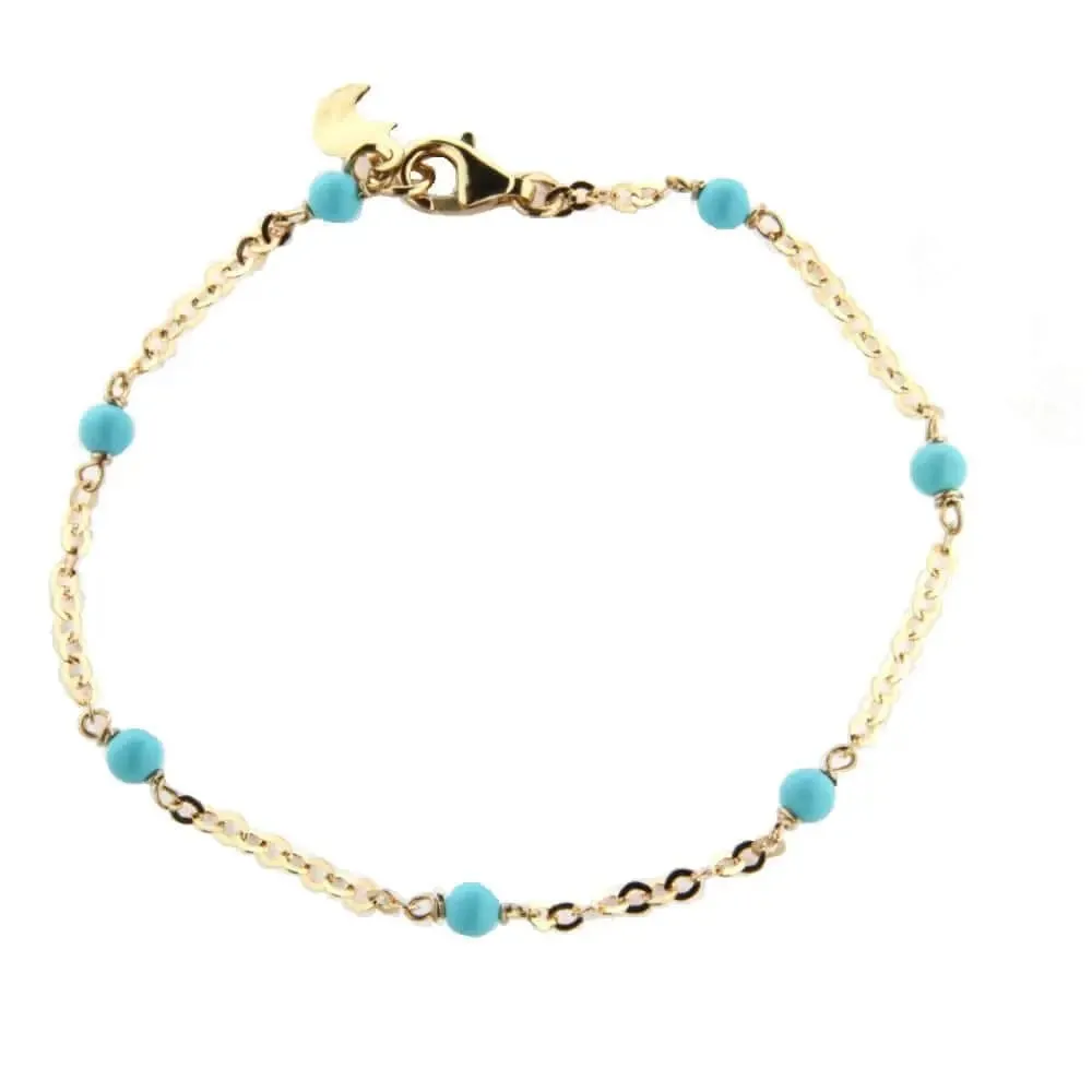 18K Solid Yellow Gold Turquoise Beads Bracelet 6 inches