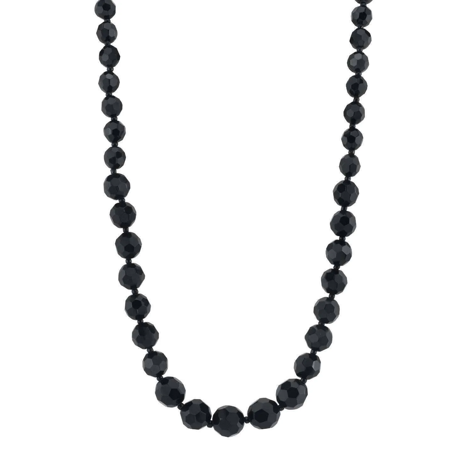 1928 Jewelry Graduated Black Glass Beaded Necklace 15"   3" Extender