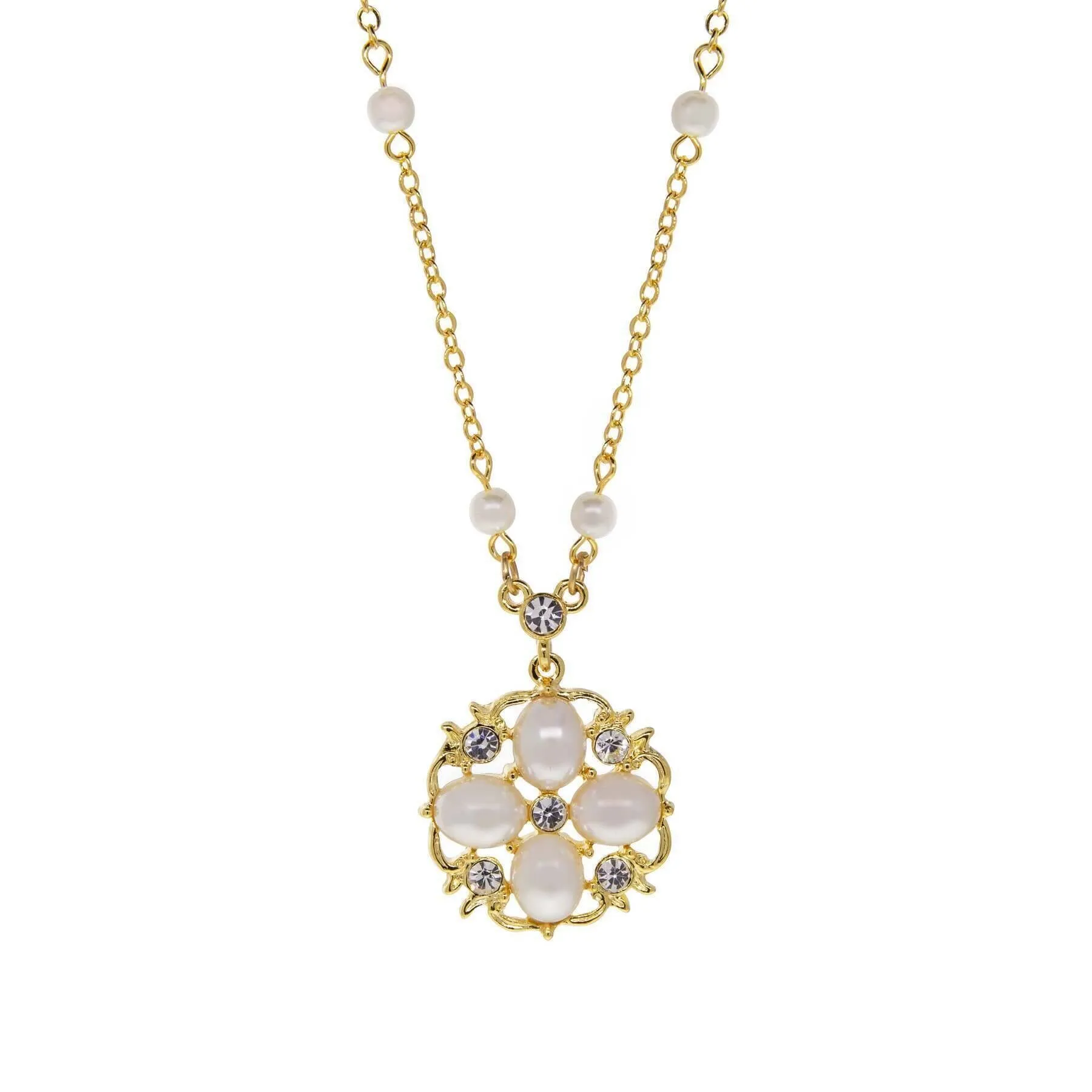 1928 Jewelry La Belle Faux Pearl & Crystal Pendant Necklace 16"   3" Extension