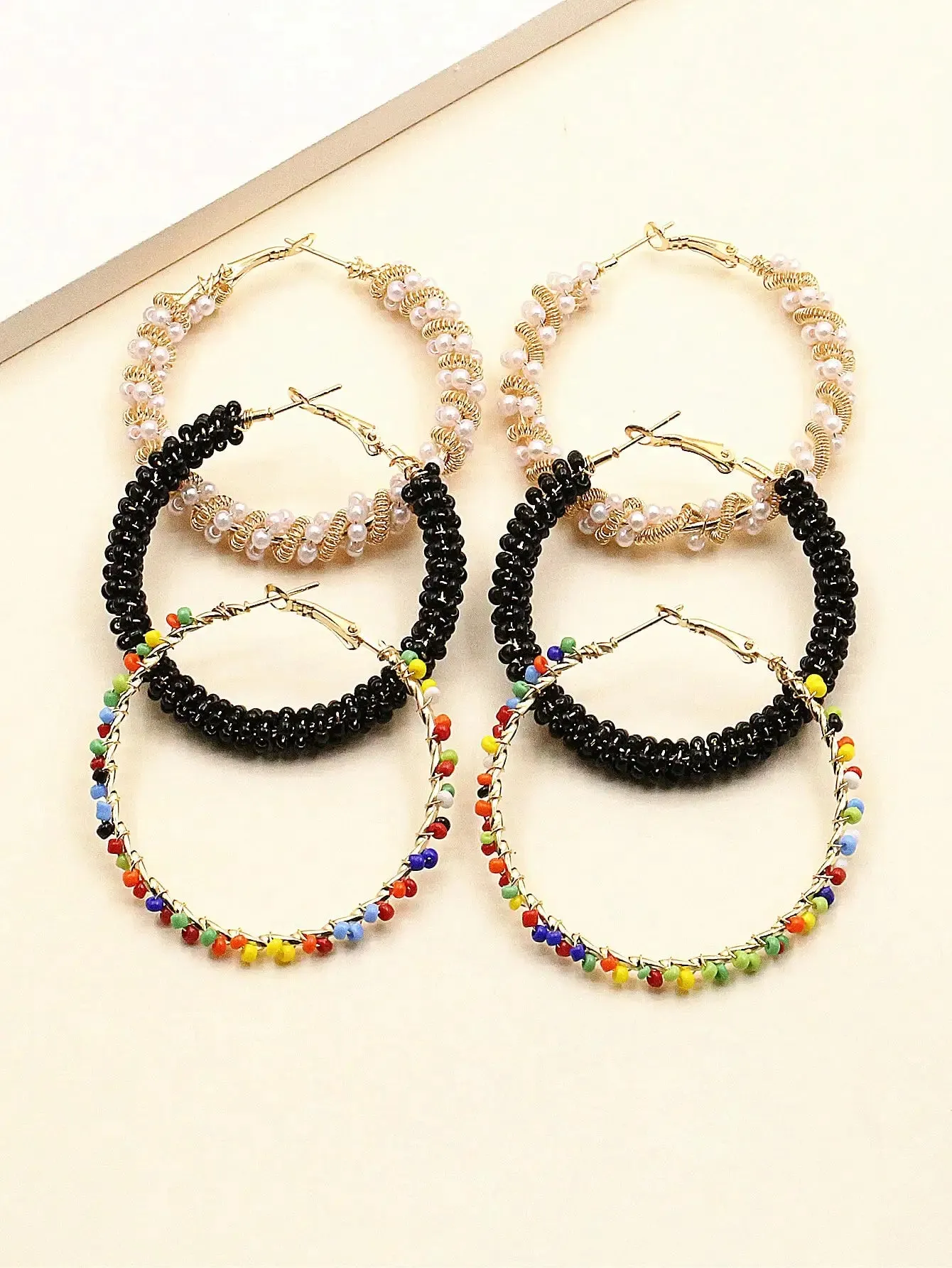 3 Pairs Colorful Rice Bead Hoop Earrings Set | Handmade Bohemian Hoops | Summer Jewelry
