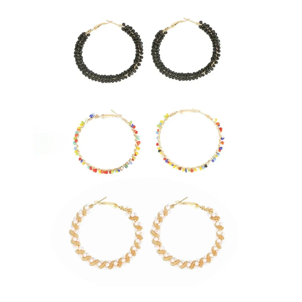 3 Pairs Colorful Rice Bead Hoop Earrings Set | Handmade Bohemian Hoops | Summer Jewelry