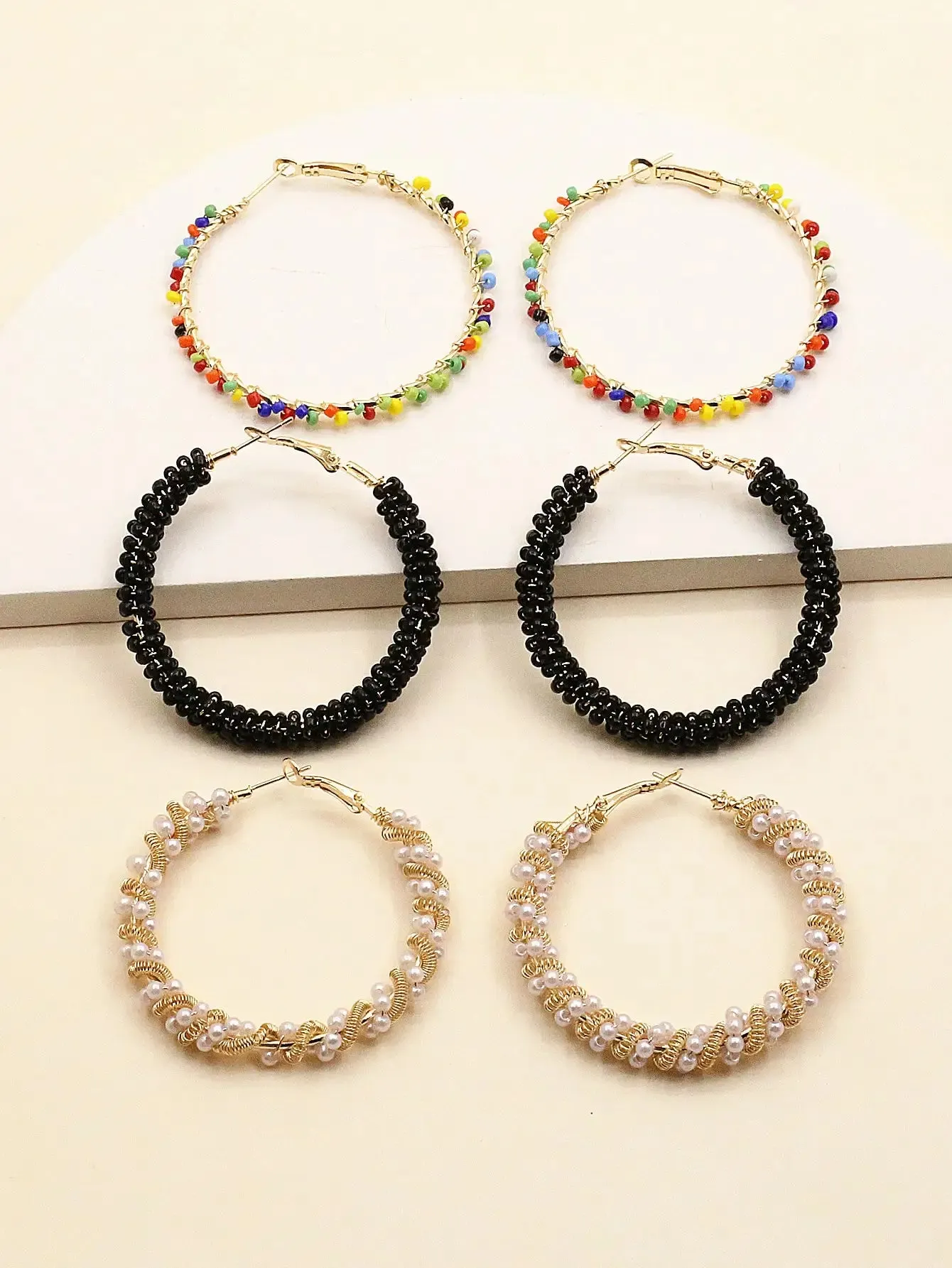3 Pairs Colorful Rice Bead Hoop Earrings Set | Handmade Bohemian Hoops | Summer Jewelry