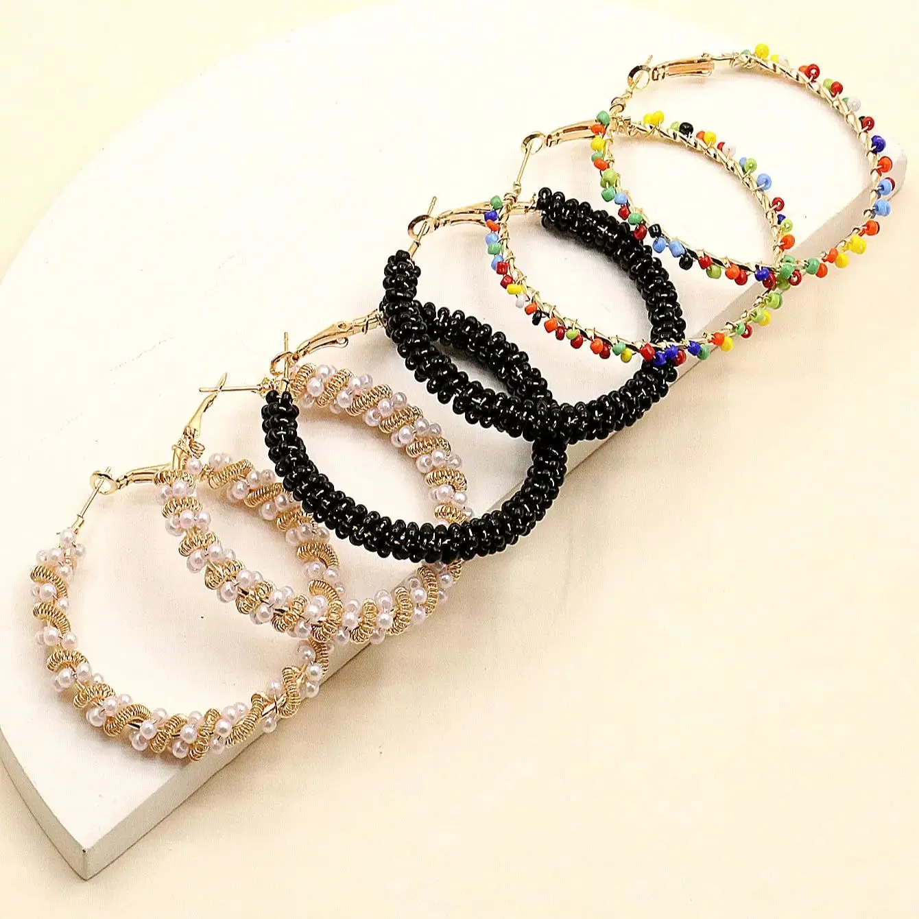 3 Pairs Colorful Rice Bead Hoop Earrings Set | Handmade Bohemian Hoops | Summer Jewelry