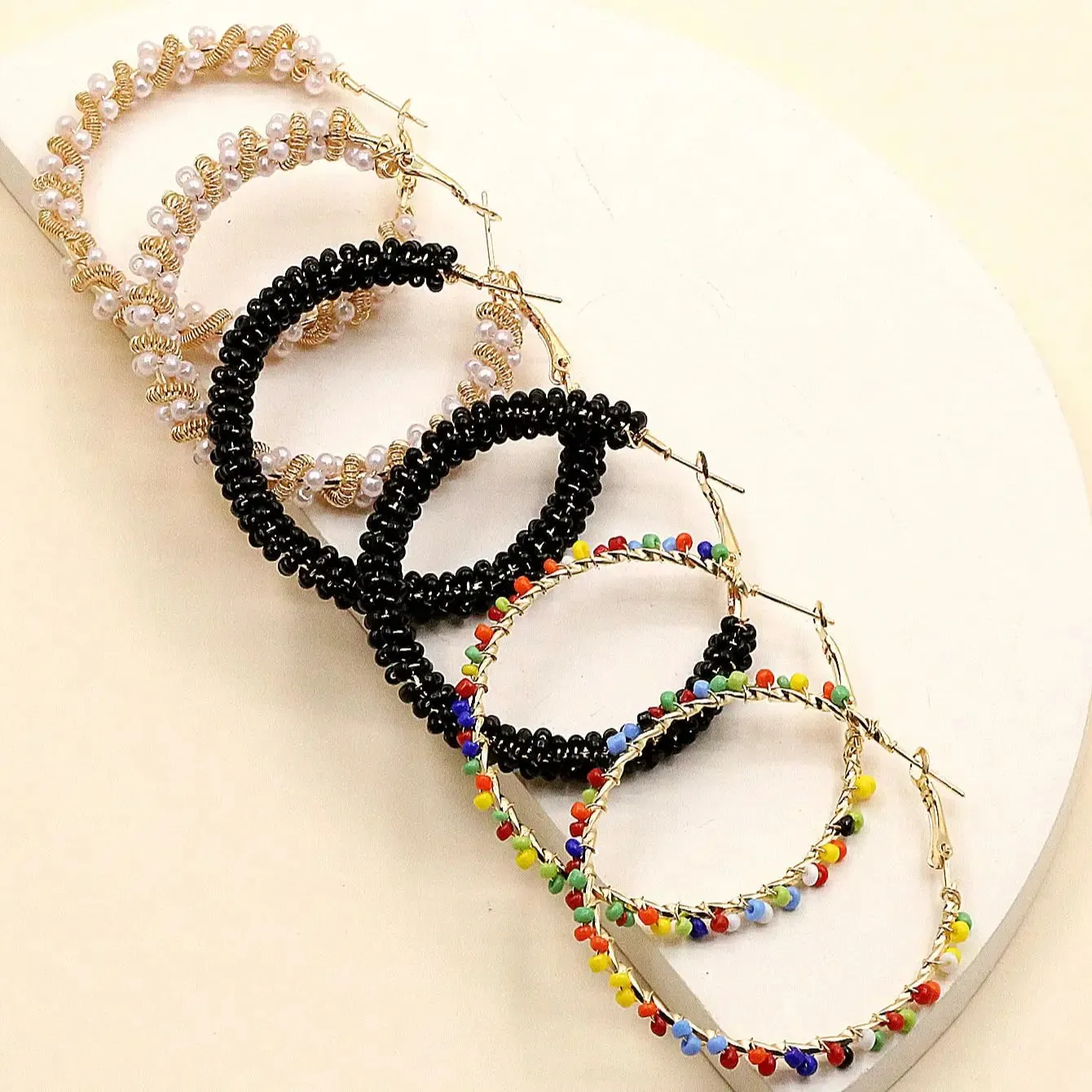 3 Pairs Colorful Rice Bead Hoop Earrings Set | Handmade Bohemian Hoops | Summer Jewelry