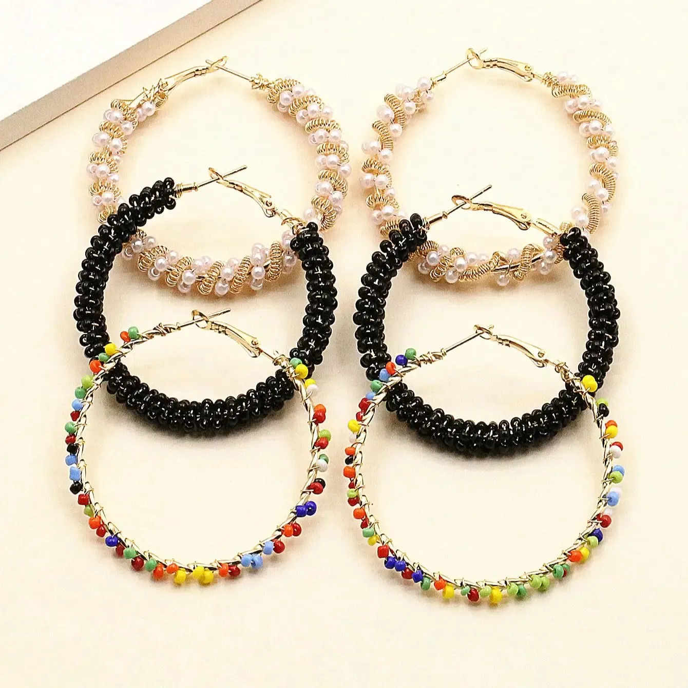 3 Pairs Colorful Rice Bead Hoop Earrings Set | Handmade Bohemian Hoops | Summer Jewelry