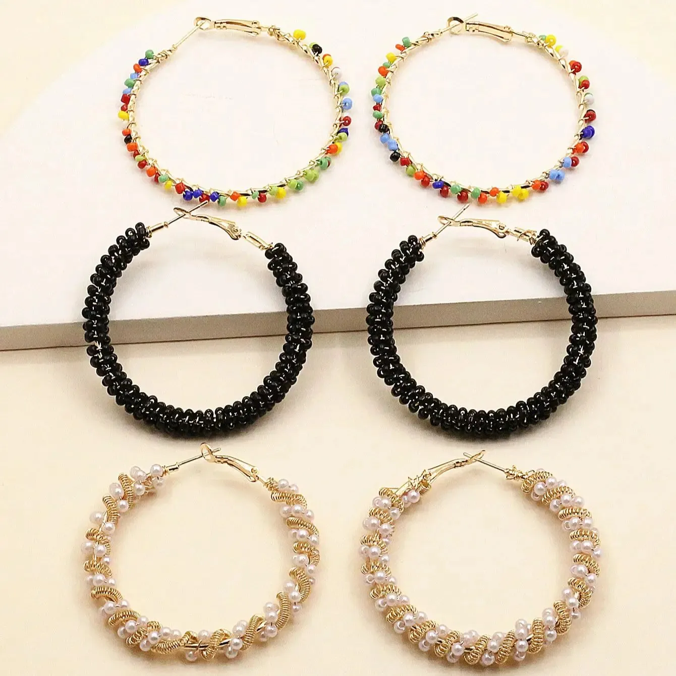 3 Pairs Colorful Rice Bead Hoop Earrings Set | Handmade Bohemian Hoops | Summer Jewelry