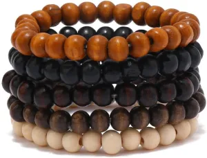 5 Pieces Vintage Wooden Beaded Bracelets for Women Unisex Multilayer Stretch Bracelet Set Beads Hand Chain Cuff Wrap Bangles Gothic Bohemian Jewelry Gifts