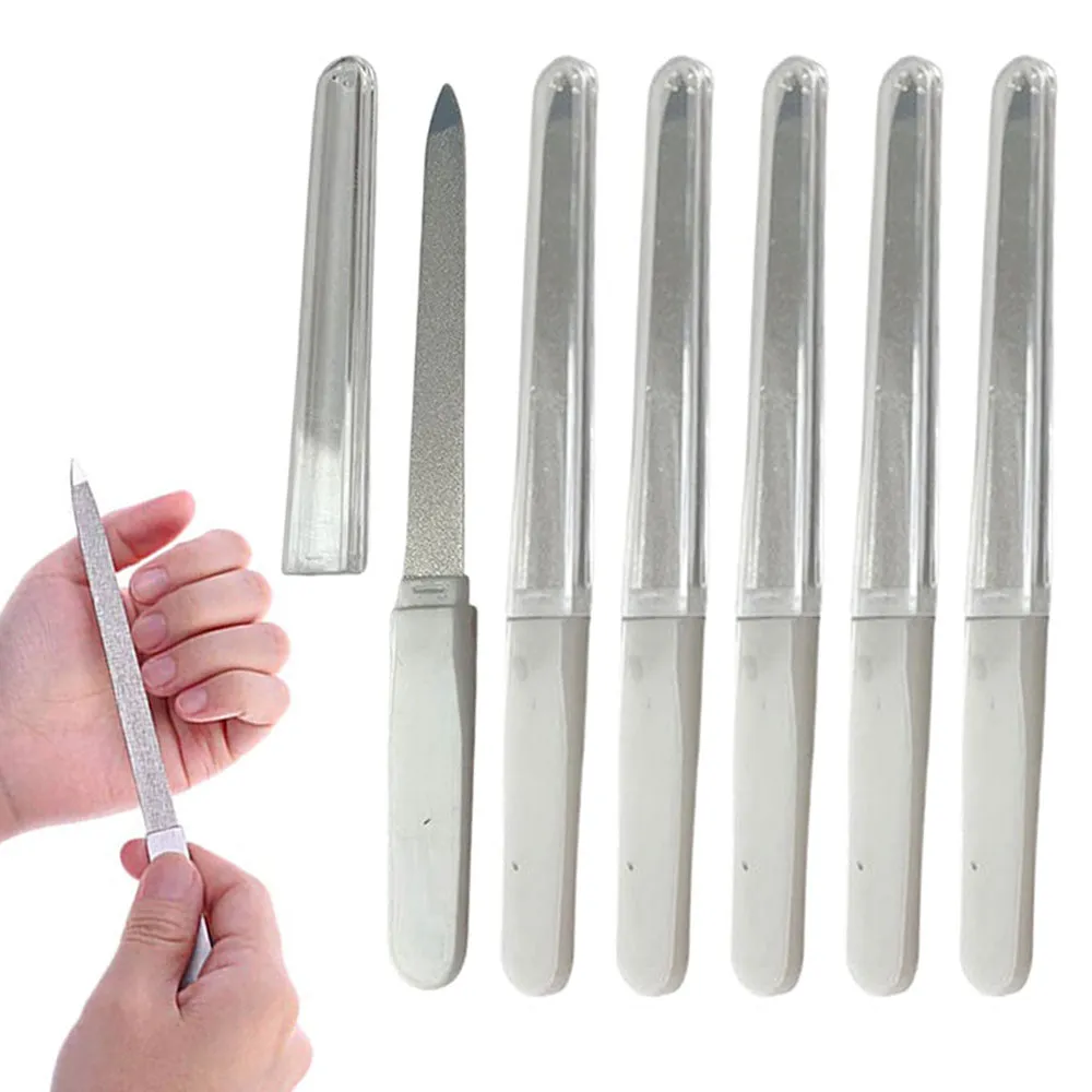 6 Pc Heavy Duty Sapphire Nail Files W/ Cover Buffer Metal Emery Boards Manicure