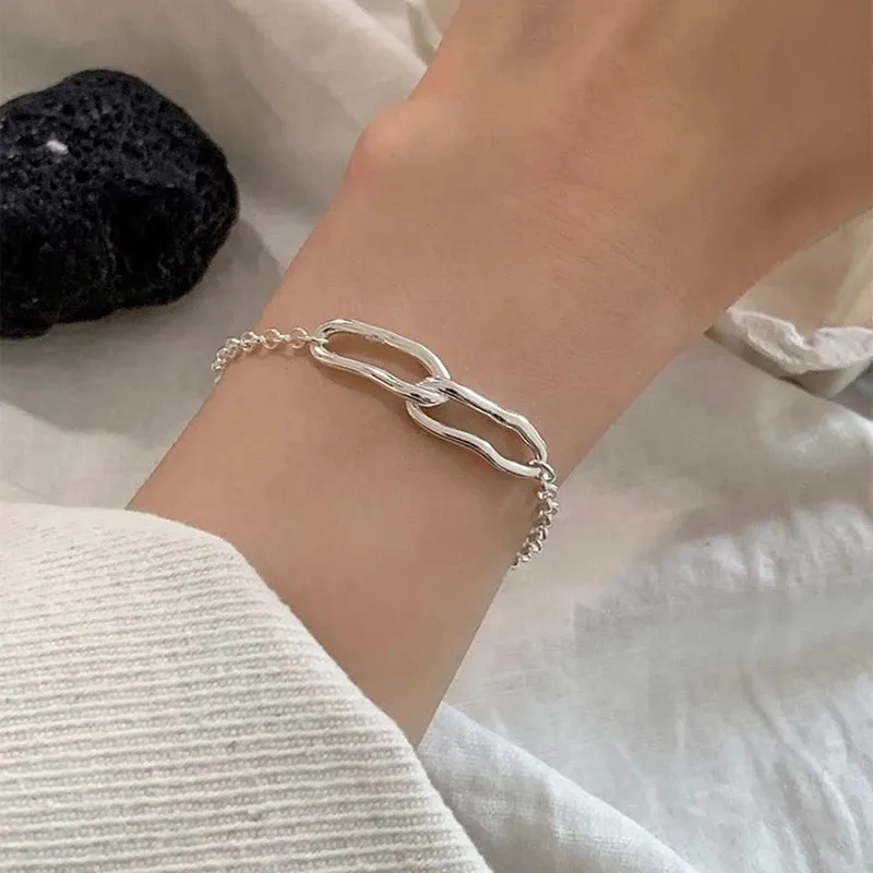925 Sterling Silver Bracelets Charm Jewelry - Irregular Double Circles - TSJ140