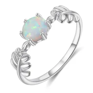 925 Sterling Silver Cute Branch Engagement Ring with Round White Opal Stone