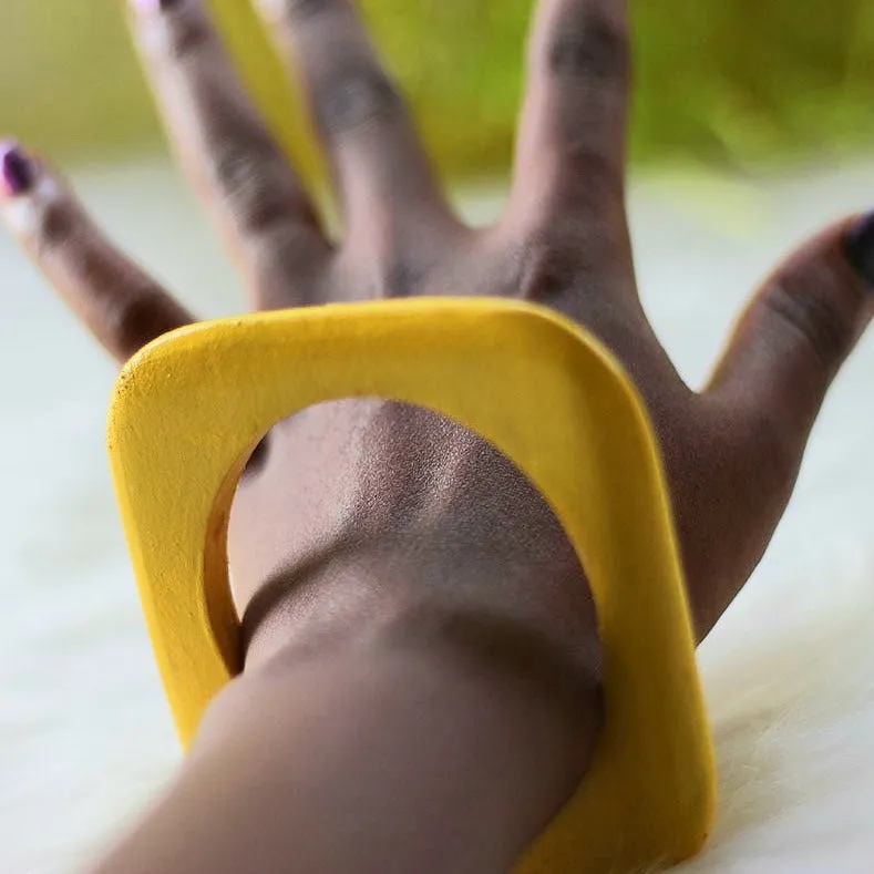 African Square Edged Wooden Bangles - Yellow Painted