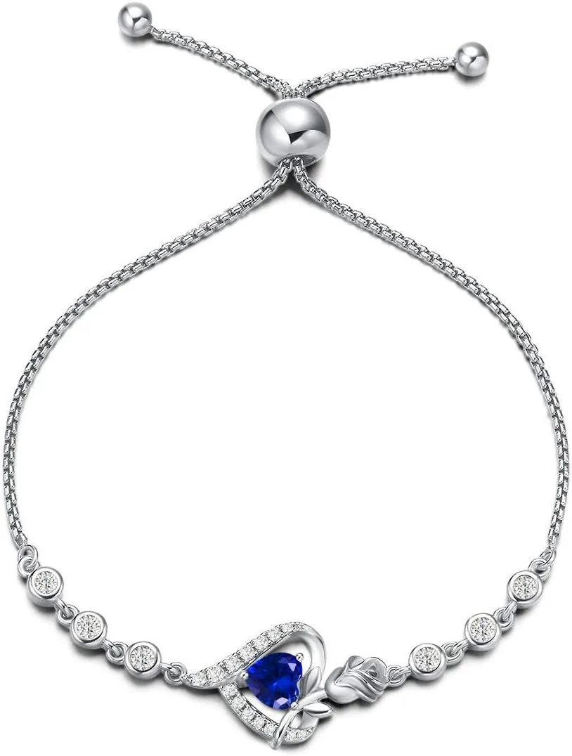 AGVANA Rosy Reverie Birthstone Bracelet for Women Sterling Silver Genuine or Created Gemstone Tennis Bracelet Rose Heart Jewelry Anniversary Birthday Gifts for Women Mom Wife Her