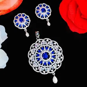 American Diamond Semi-Precious Sapphire Blue Pendant Set (Design 18)