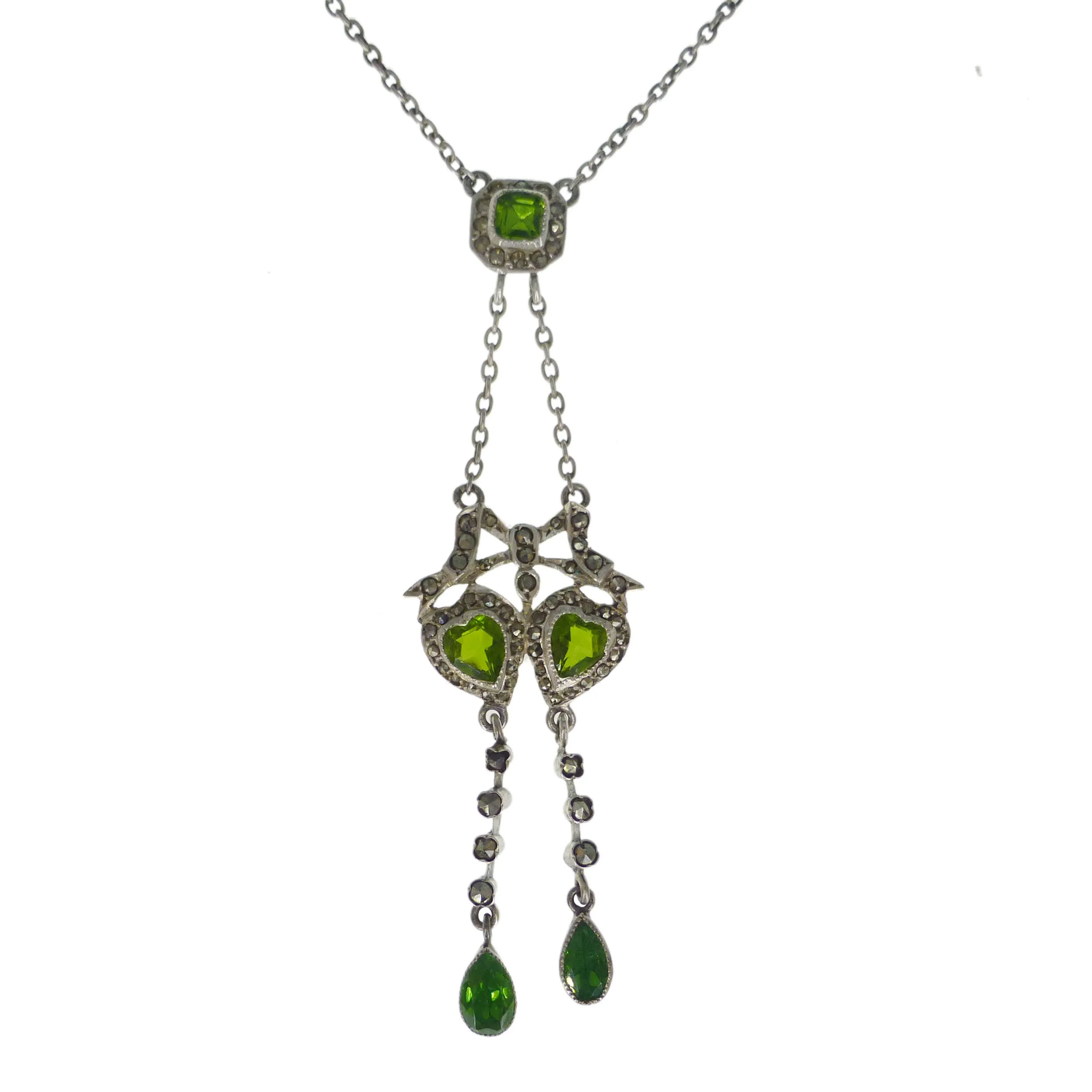 Antique Edwardian Silver Green Glass Heart Marcasite Necklace