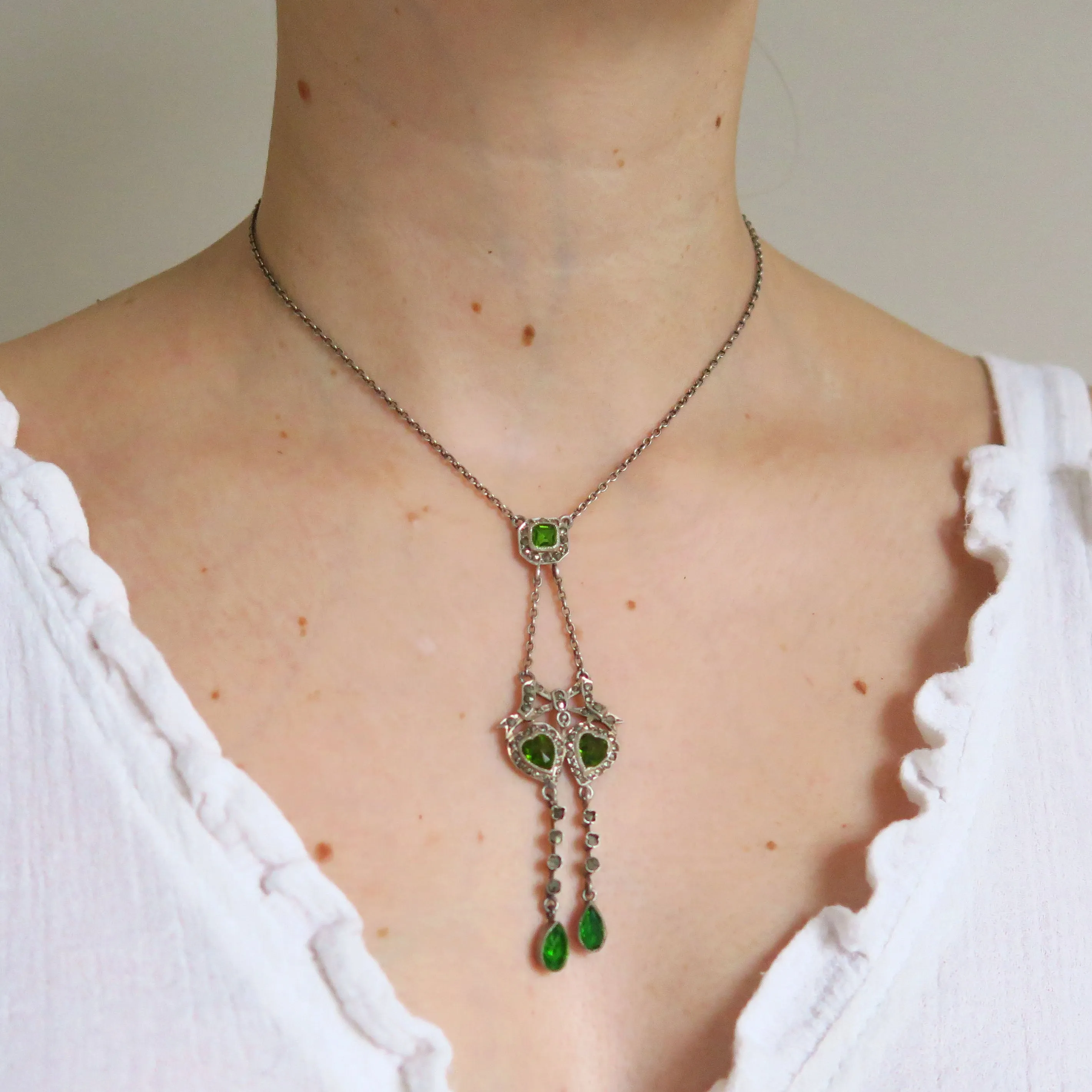Antique Edwardian Silver Green Glass Heart Marcasite Necklace