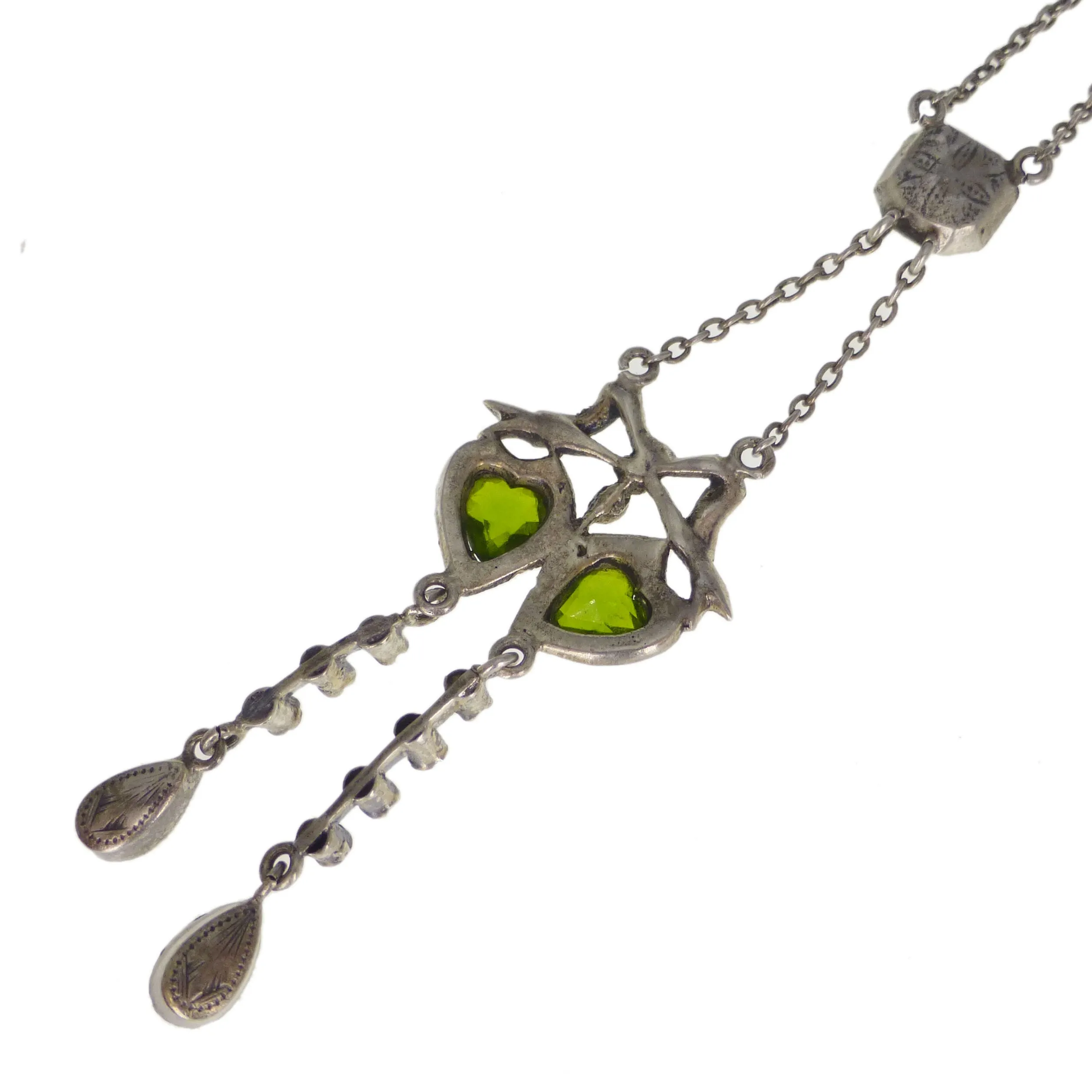 Antique Edwardian Silver Green Glass Heart Marcasite Necklace