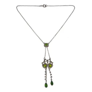 Antique Edwardian Silver Green Glass Heart Marcasite Necklace