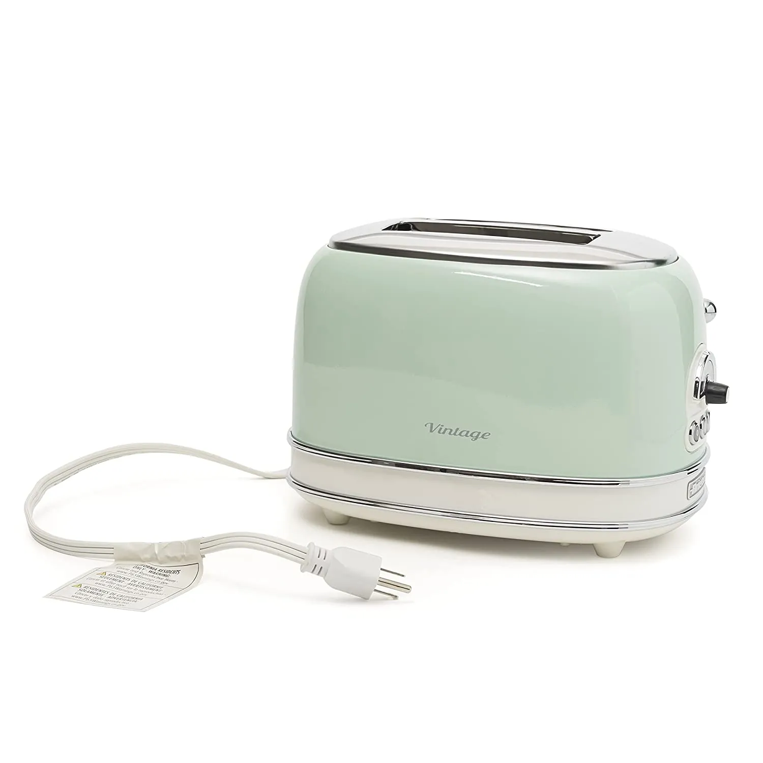Ariete 155 Vintage 2 Slice Toaster, 810 watt, 6 toasting levels, in stainless steel painted in pastel green colour