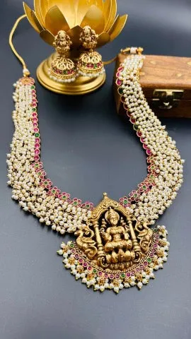 Arika Multi Long Temple Necklace Set With Jhumka Earrings