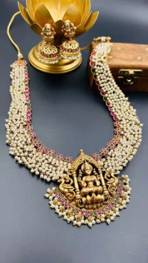 Arika Multi Long Temple Necklace Set With Jhumka Earrings