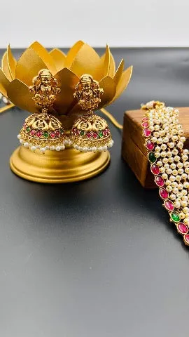 Arika Multi Long Temple Necklace Set With Jhumka Earrings
