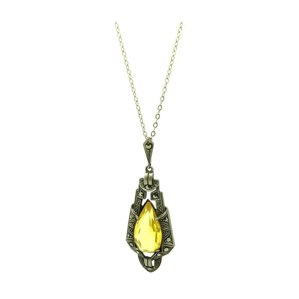 Art Deco 1920s Glass Marcasite Silver Pendant Necklace