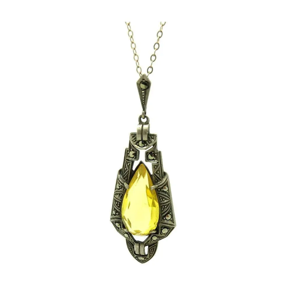 Art Deco 1920s Glass Marcasite Silver Pendant Necklace