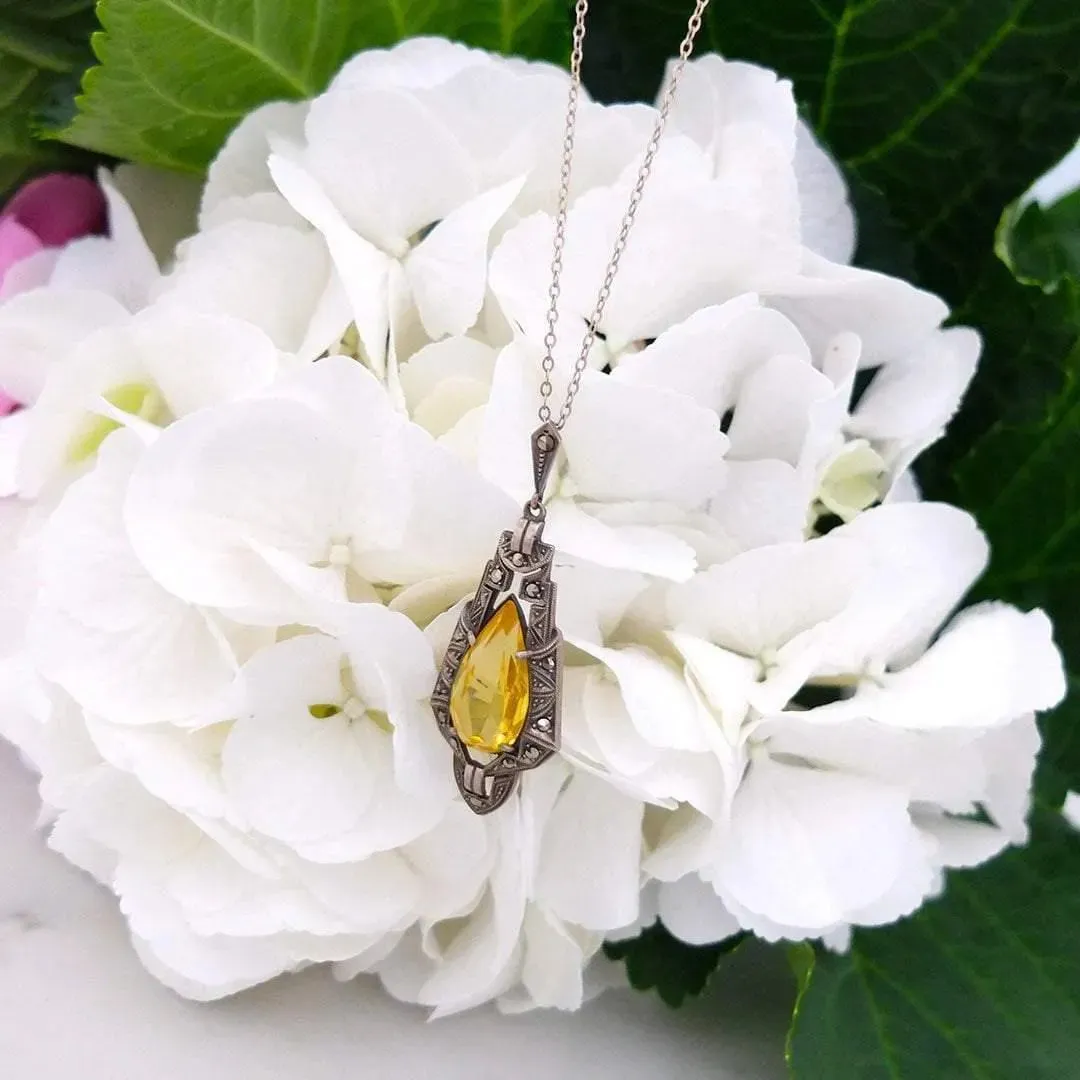 Art Deco 1920s Glass Marcasite Silver Pendant Necklace