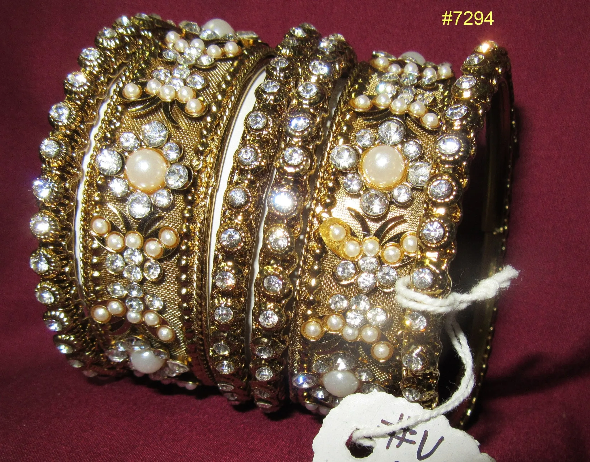Bangles 7295 Golden Bangles 6 Pieces Set Pearls Stones