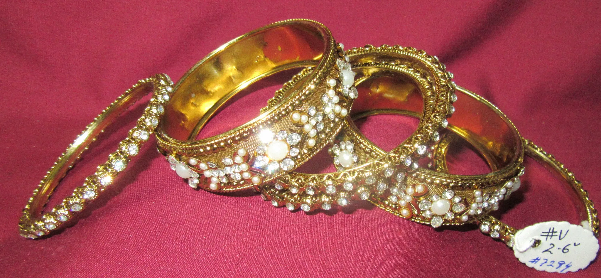 Bangles 7295 Golden Bangles 6 Pieces Set Pearls Stones