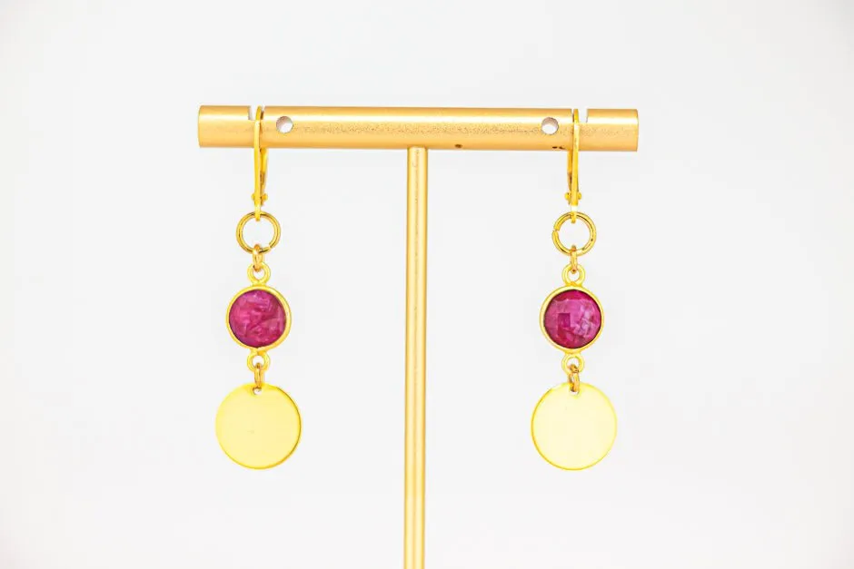 Boho Chic Red Quartz Dangle Earrings: Unique Gold Drop Earrings With Pink Gemstones