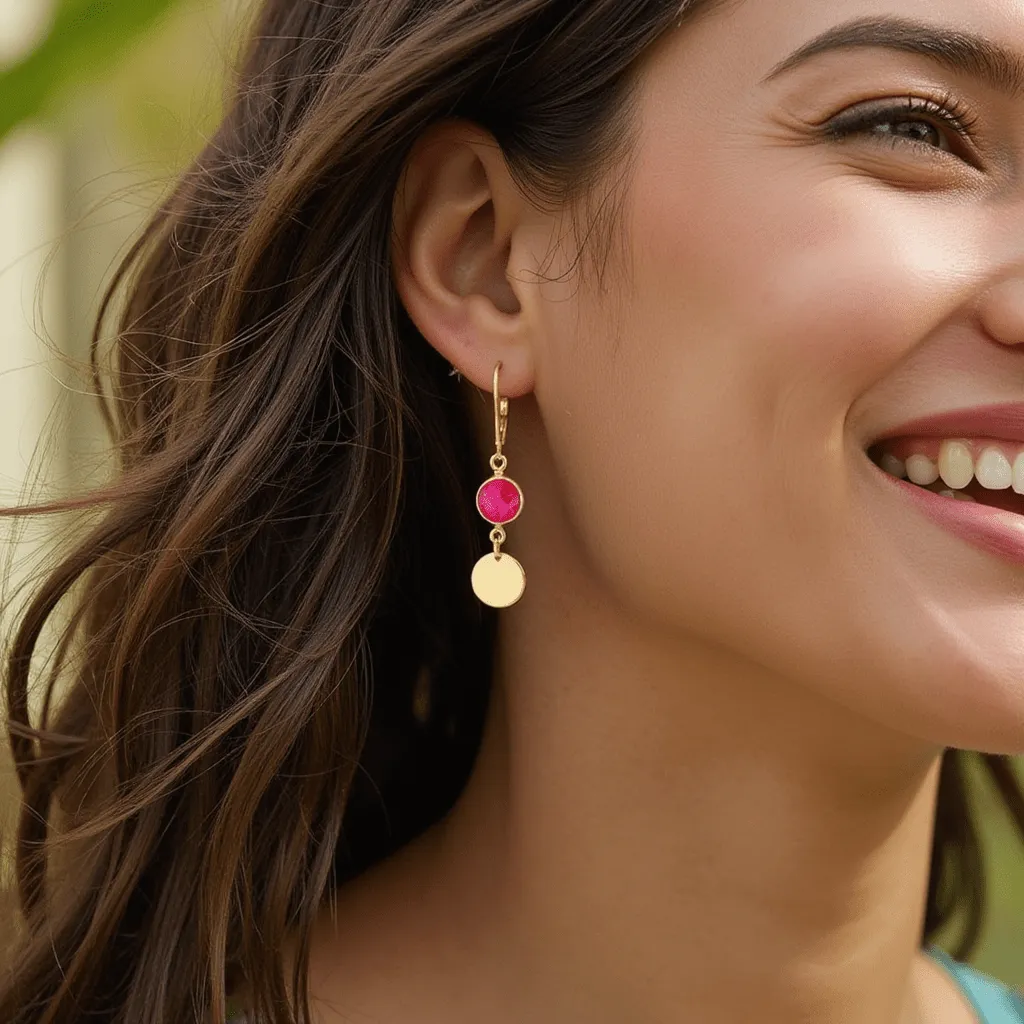 Boho Chic Red Quartz Dangle Earrings: Unique Gold Drop Earrings With Pink Gemstones