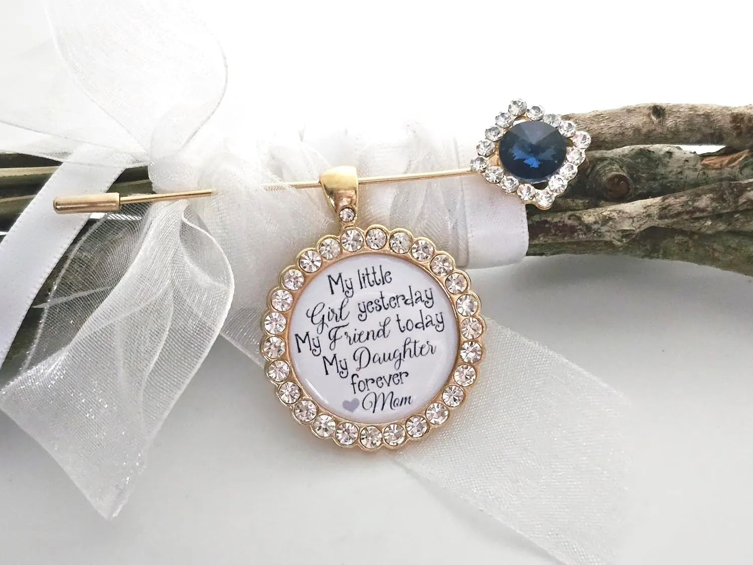 Bridal Bouquet Charm Something Blue Wedding Accessory Bridal Pin Bride Gift from Mom Wedding Jewelry Mother Daughter Gift Sapphire Flower Bouquet Pin (My Little Girl (Gold))