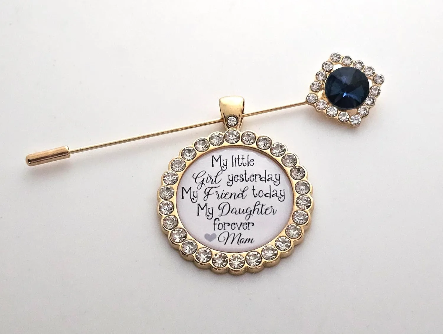 Bridal Bouquet Charm Something Blue Wedding Accessory Bridal Pin Bride Gift from Mom Wedding Jewelry Mother Daughter Gift Sapphire Flower Bouquet Pin (My Little Girl (Gold))