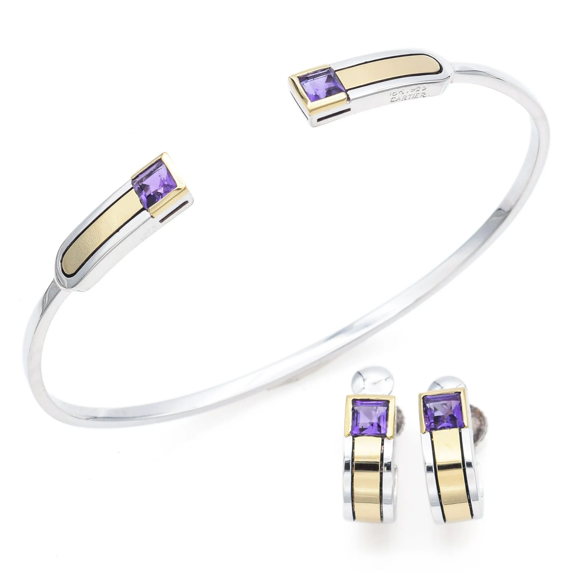 Cartier Sterling Silver & 18K Yellow Gold Amethyst Bracelet & Earrings Set Pouch