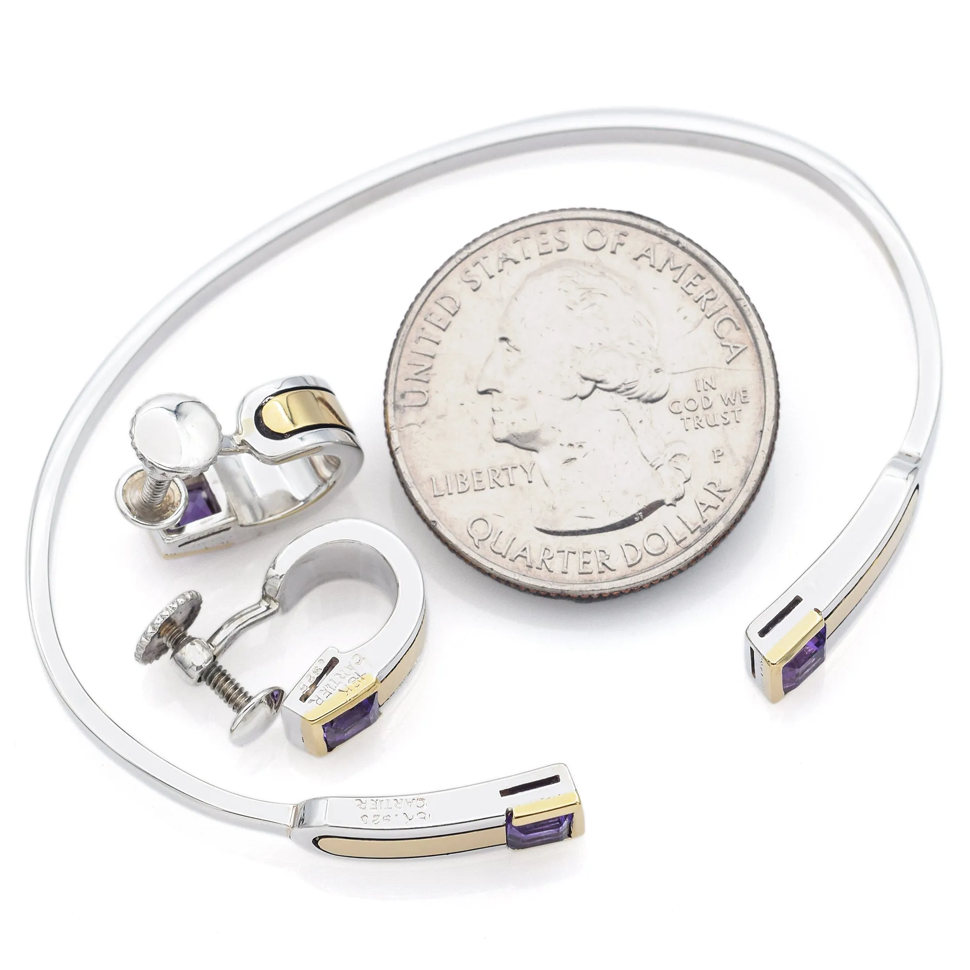 Cartier Sterling Silver & 18K Yellow Gold Amethyst Bracelet & Earrings Set Pouch