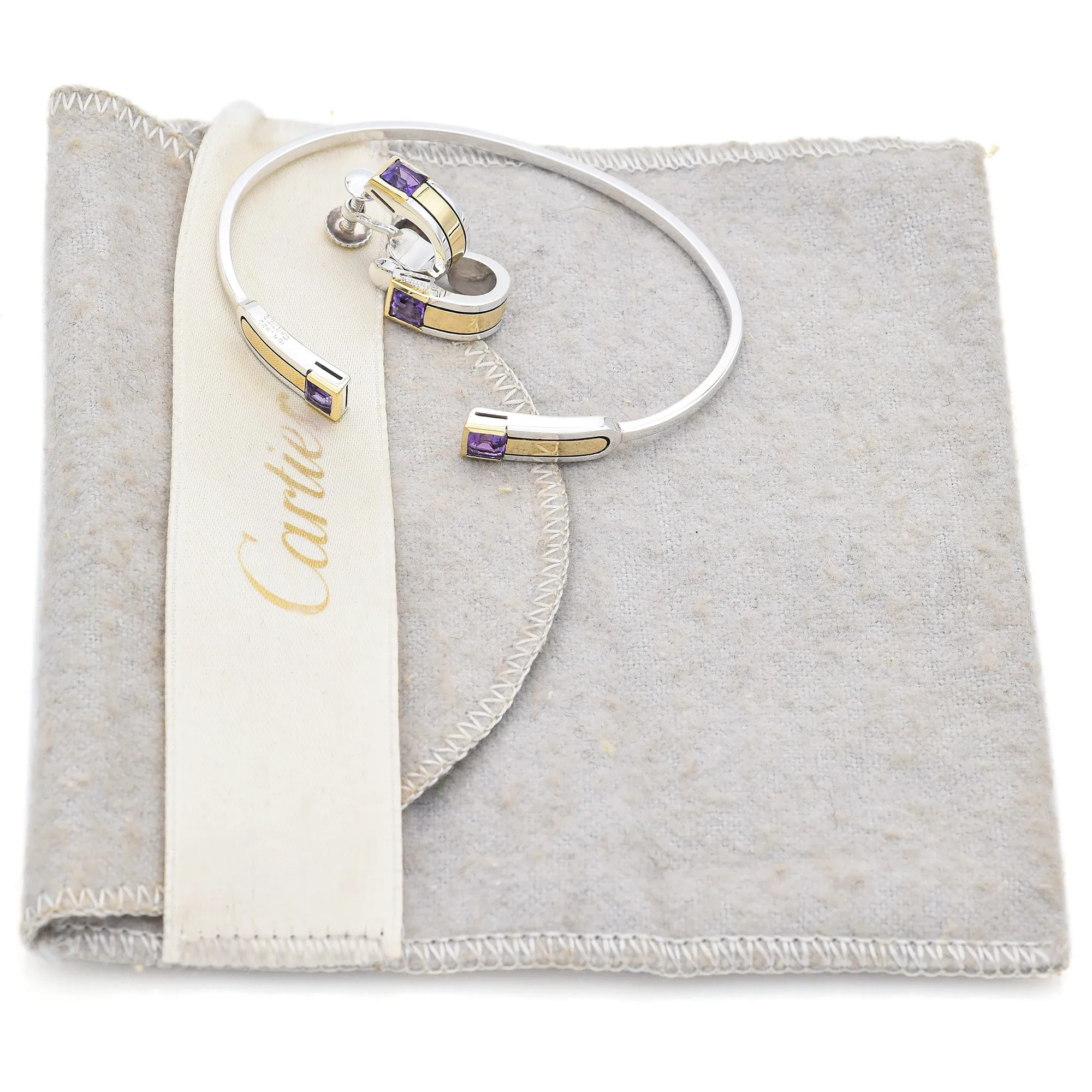 Cartier Sterling Silver & 18K Yellow Gold Amethyst Bracelet & Earrings Set Pouch