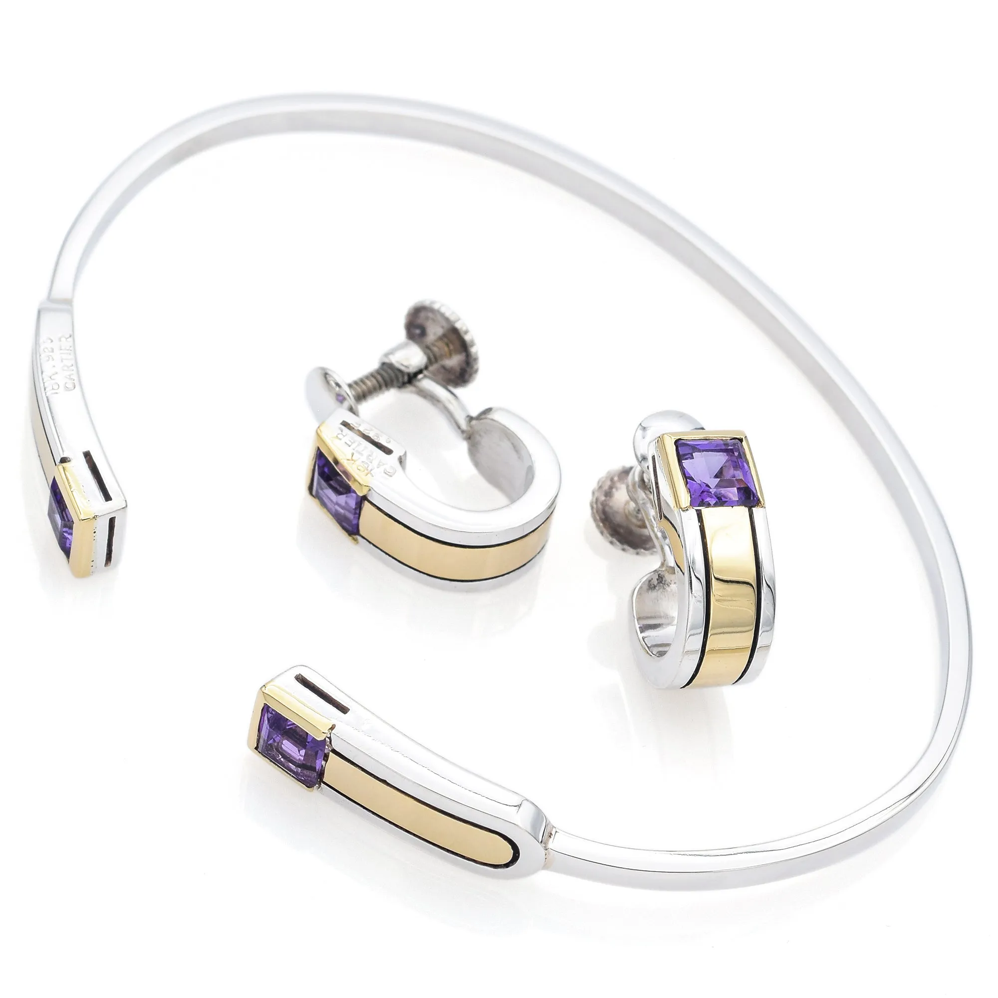 Cartier Sterling Silver & 18K Yellow Gold Amethyst Bracelet & Earrings Set Pouch