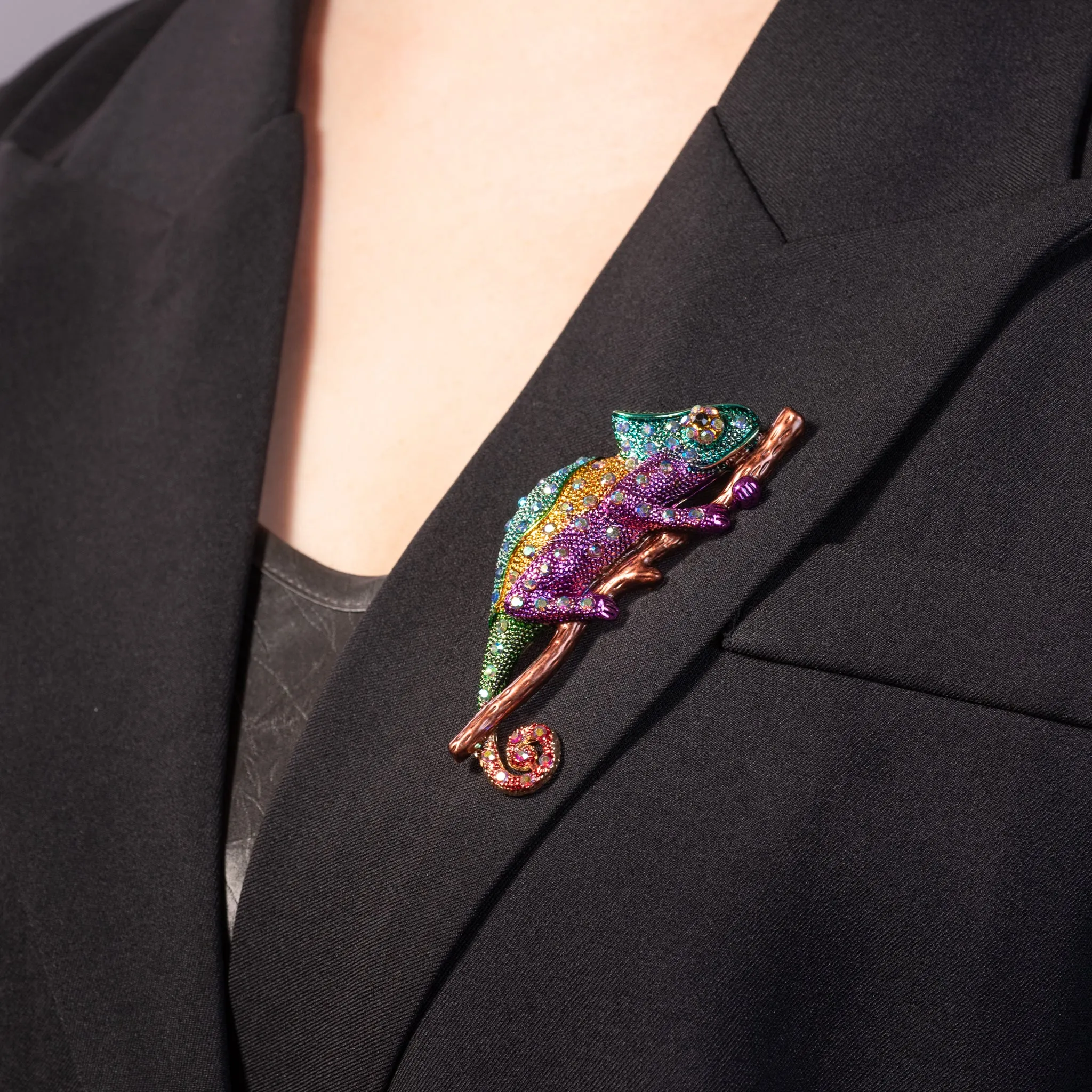 Chameleon Enameled Brooch Pin Jewelry with Crystal
