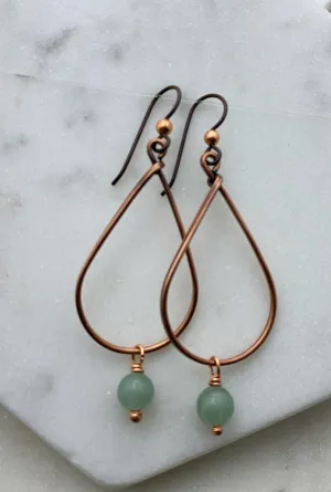 Copper teardrop hoop earrings with aventurine