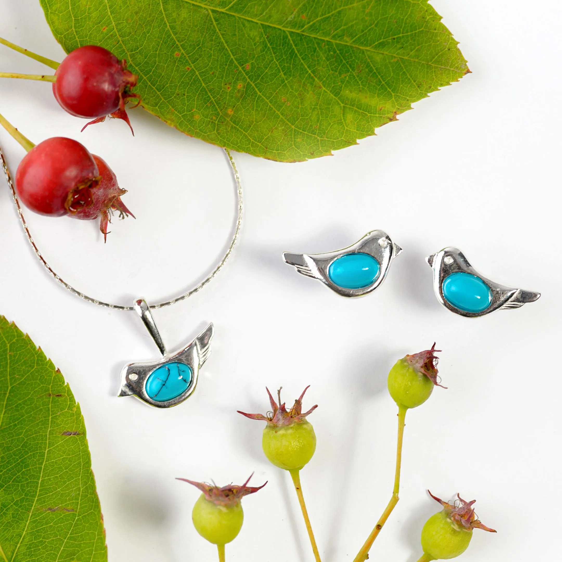 Cute Bird Necklace in Silver and Coral