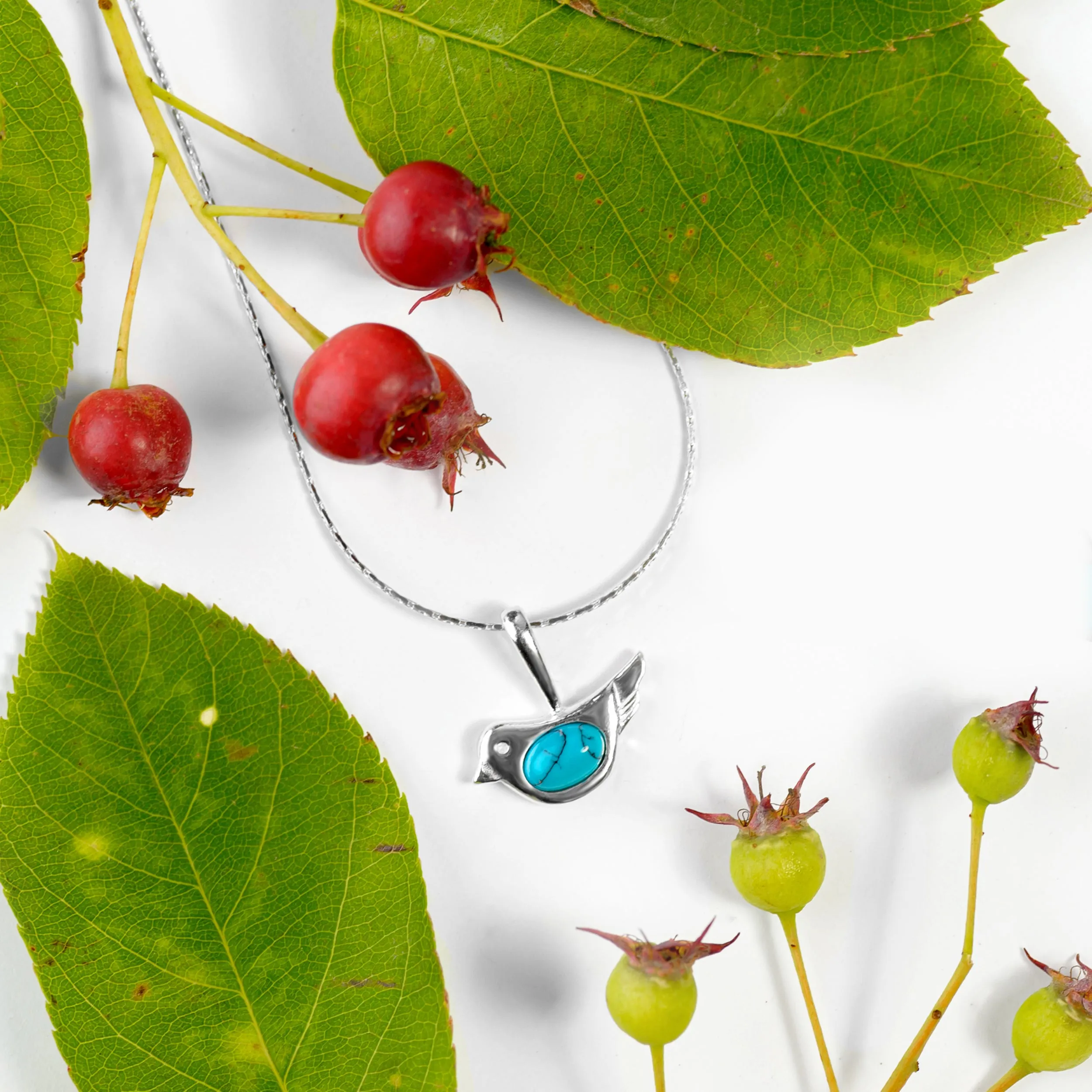 Cute Bird Necklace in Silver and Coral
