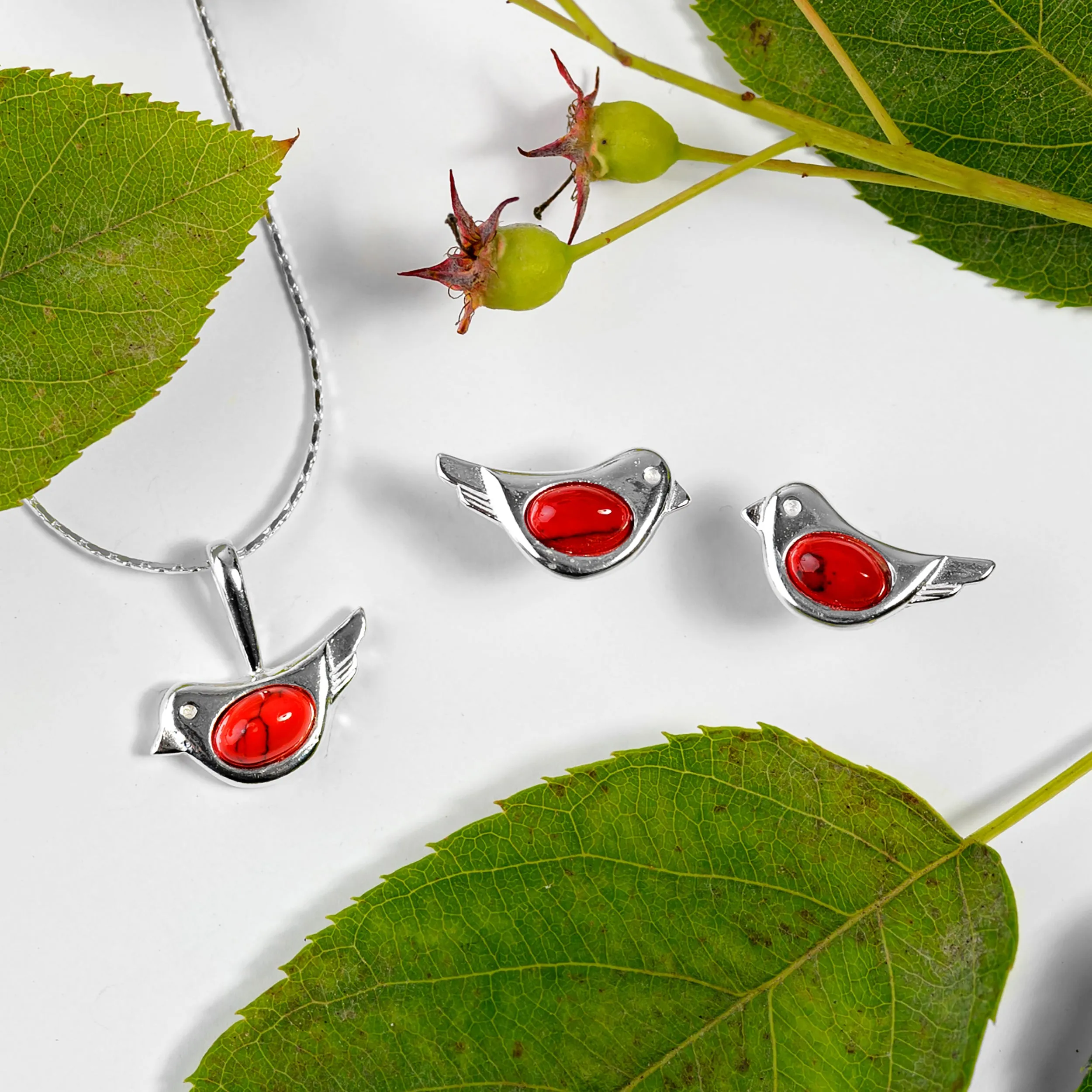 Cute Bird Necklace in Silver and Coral